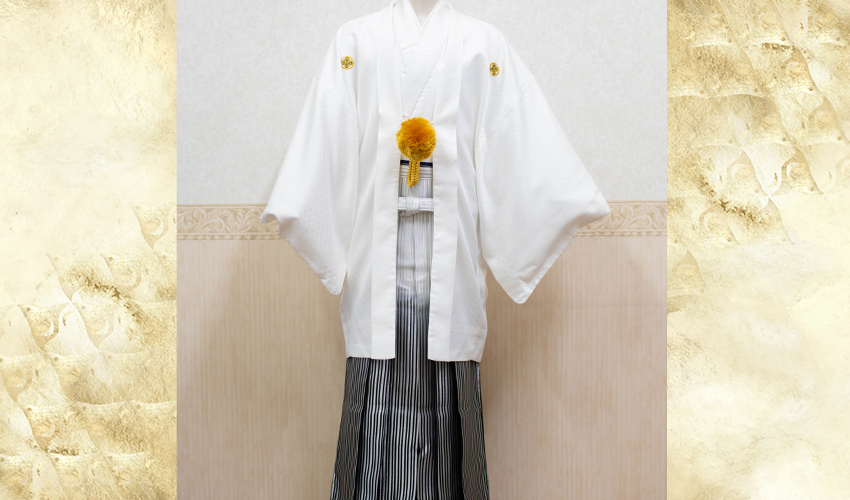 新郎着物姿コレクション2。新郎といったらのコーデ、白紋付の羽織・着物に銀と黒の縞柄の袴